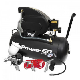 Sealey Compressor 50L Direct Drive 2hp with 4pc Air Accessory Kit