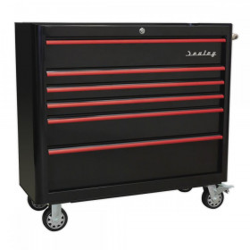 Sealey Rollcab 6 Drawer Wide Retro Style - Black with Red Anodised Drawer Pulls