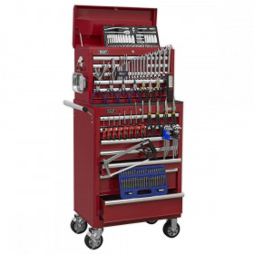 Sealey Topchest & Rollcab Combination 15 Drawer with Ball Bearing Slides - Red & 147pc Tool Kit