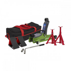 Sealey Trolley Jack 2tonne Low Entry Short Chassis - Hi-Vis Green and Accessories Bag Combo