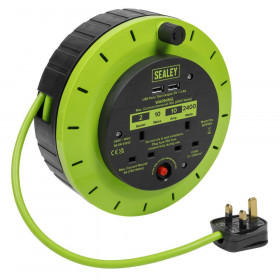 Sealey BCR10G Cassette Type Cable Reel Green With Thermal Trip 2 X 230V And 2 X Usb 10M